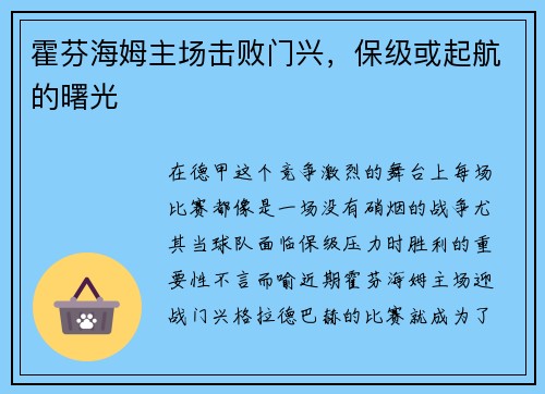 霍芬海姆主场击败门兴，保级或起航的曙光