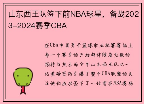 山东西王队签下前NBA球星，备战2023-2024赛季CBA