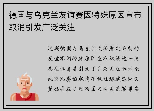 德国与乌克兰友谊赛因特殊原因宣布取消引发广泛关注